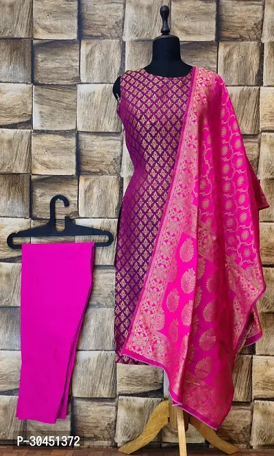 Elegant Purple Woven Design Jacquard A-Line Kurta Pant With Dupatta For Women