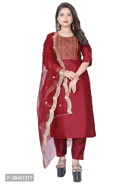 Stylish Maroon Silk Kurta, Bottom And Dupatta Set For Women-thumb0