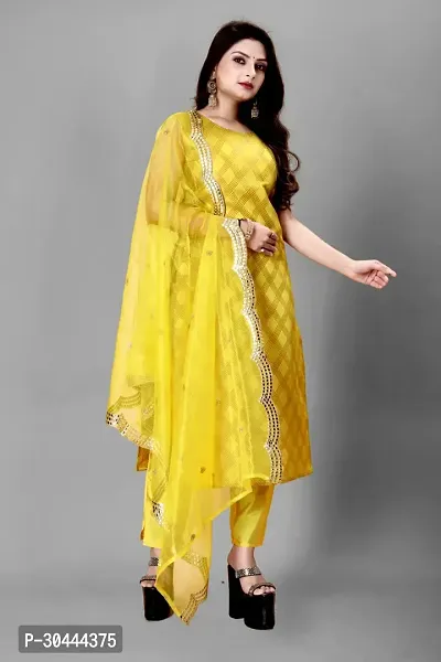 Stylish Yellow Jacquard Kurta, Bottom And Dupatta Set For Women