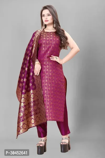 Elegant Purple Woven Design Jacquard A-Line Kurta Pant With Dupatta For Women-thumb0