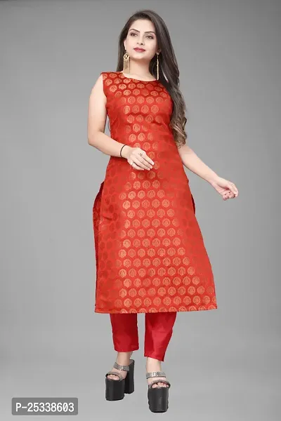 A-Line Red Woven Design Jacquard kurta Set-thumb2