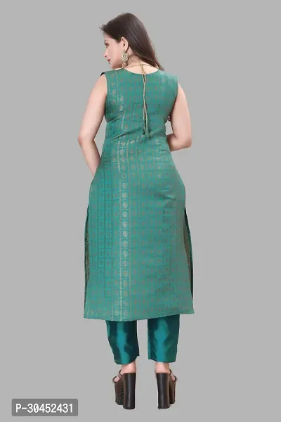 Elegant Teal Woven Design Jacquard A-Line Kurta Pant With Dupatta For Women-thumb3