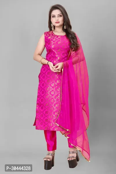 Stylish Pink Jacquard Kurta, Bottom And Dupatta Set For Women