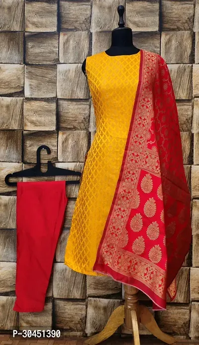 Elegant Yellow Woven Design Jacquard A-Line Kurta Pant With Dupatta For Women