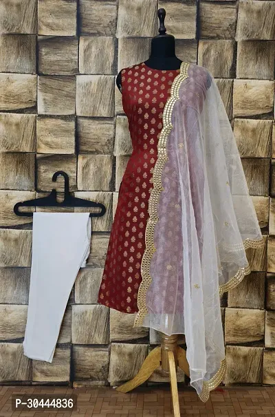 Stylish Maroon Jacquard Kurta, Bottom And Dupatta Set For Women