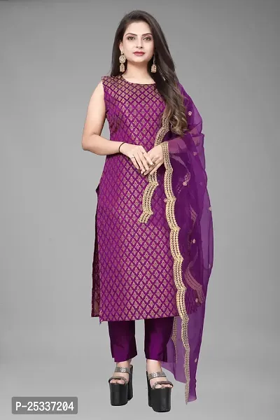 A-Line Purple Woven Design Jacquard kurta Set