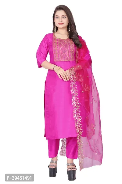 Stylish Pink Silk Kurta, Bottom And Dupatta Set For Women