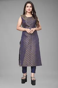 A-Line Navy Blue Woven Design Jacquard kurta Set-thumb1