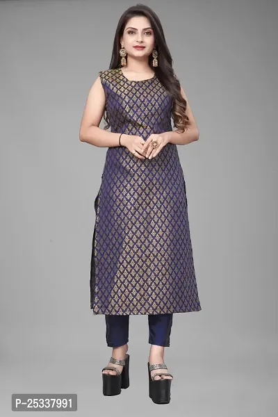 A-Line Navy Blue Woven Design Jacquard kurta Set-thumb2