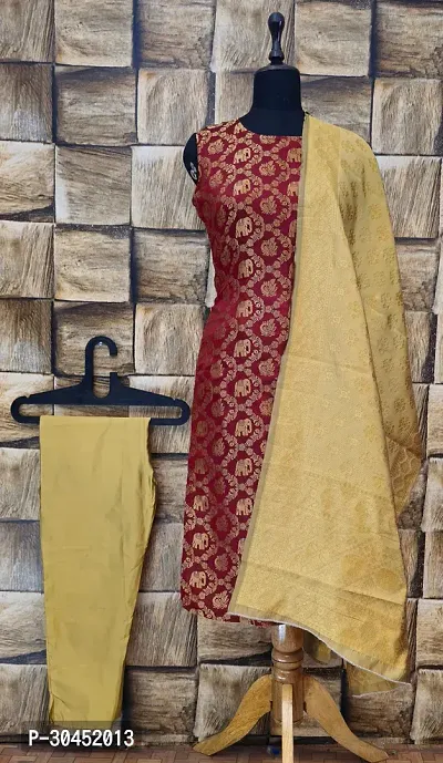 Elegant Maroon Woven Design Jacquard A-Line Kurta Pant With Dupatta For Women-thumb0