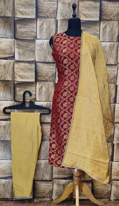 Elegant Woven Design Jacquard A-Line Kurta Pant With Dupatta For Women