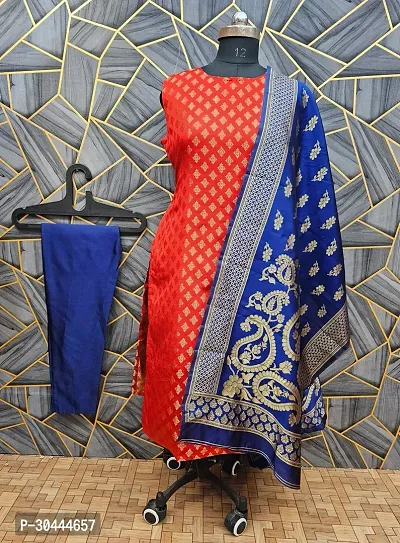 Stylish Red Jacquard Kurta, Bottom And Dupatta Set For Women