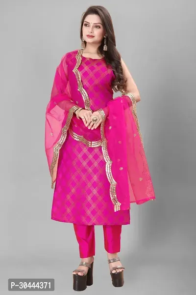 Stylish Pink Jacquard Kurta, Bottom And Dupatta Set For Women