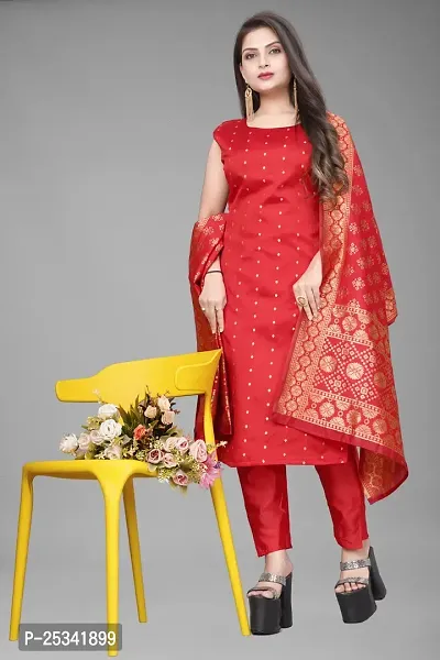 A-Line Red Woven Design Jacquard kurta Set