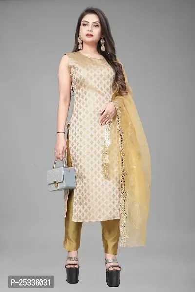 A-Line Beige Woven Design Jacquard kurta Set