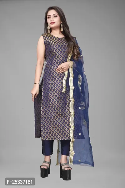 A-Line Navy Blue Woven Design Jacquard kurta Set