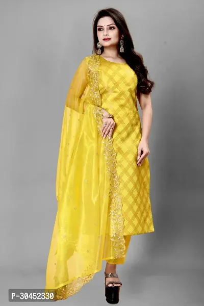 Elegant Yellow Woven Design Jacquard A-Line Kurta Pant With Dupatta For Women-thumb0