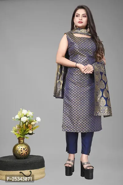 A-Line Navy Blue Woven Design Jacquard kurta Set