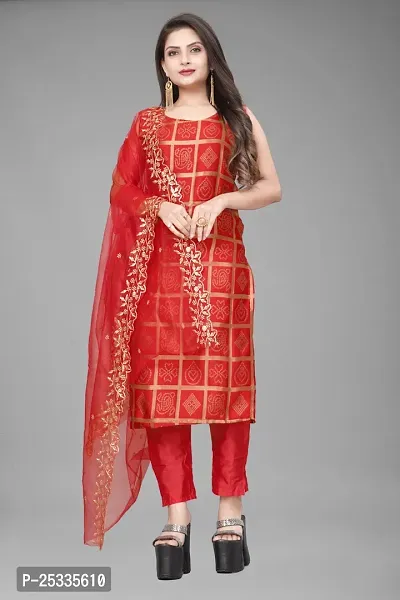 A-Line Red Woven Design Jacquard kurta Set