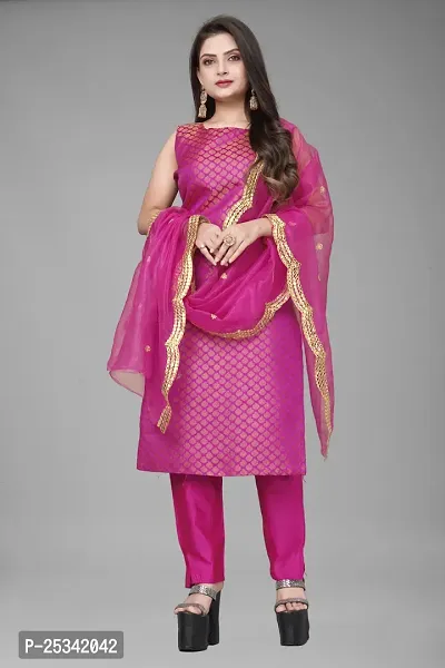 A-Line Pink Woven Design Jacquard kurta Set