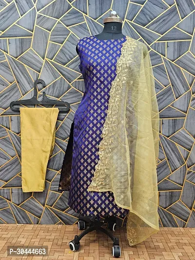 Stylish Navy Blue Jacquard Kurta, Bottom And Dupatta Set For Women-thumb0