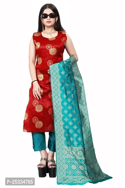 A-Line Red Woven Design Jacquard kurta Set