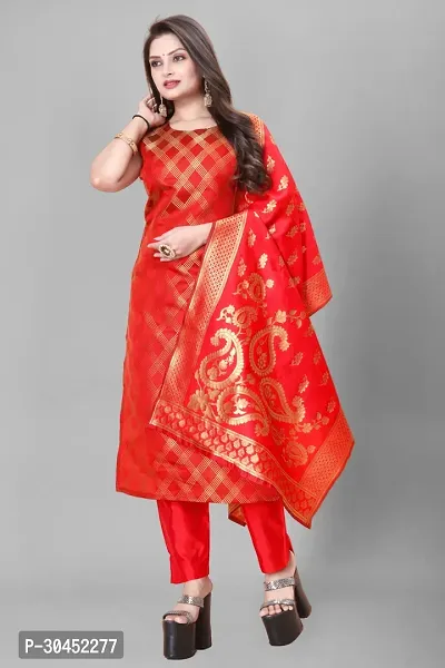 Elegant Red Woven Design Jacquard A-Line Kurta Pant With Dupatta For Women