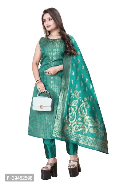 Elegant Teal Woven Design Jacquard A-Line Kurta Pant With Dupatta For Women