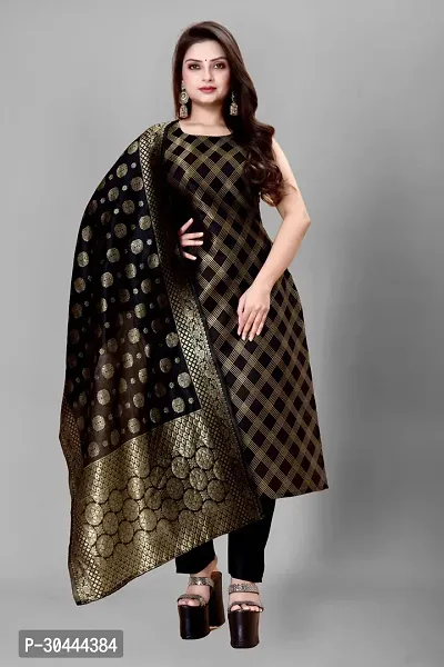 Stylish Black Jacquard Kurta, Bottom And Dupatta Set For Women