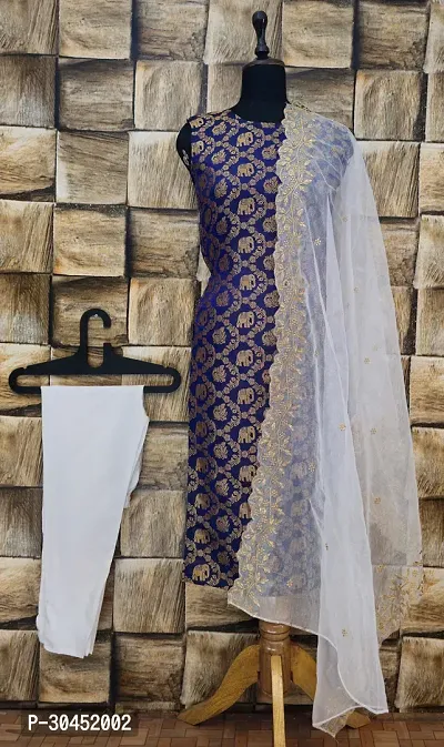 Elegant Navy Blue Woven Design Jacquard A-Line Kurta Pant With Dupatta For Women