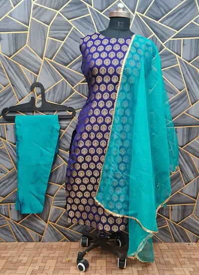 Stylish Jacquard Kurta And Pant With Dupatta Set For Women