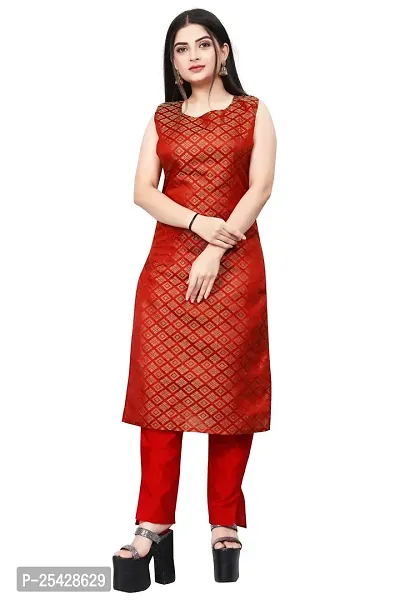 A-Line Red Woven Design Jacquard Kurti-thumb0