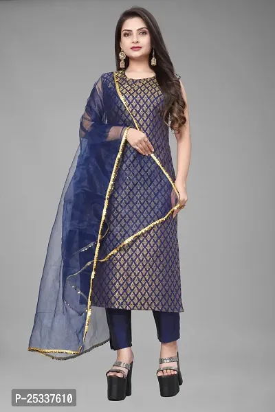 A-Line Navy Blue Woven Design Jacquard kurta Set