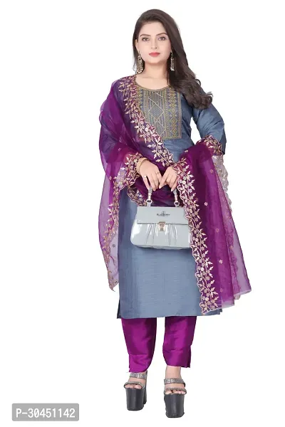 Stylish Grey Silk Kurta, Bottom And Dupatta Set For Women