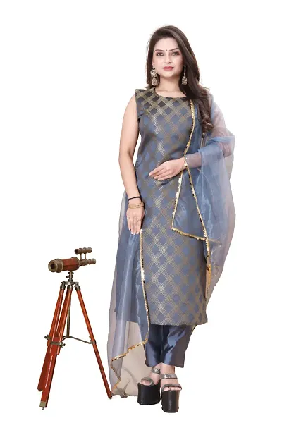 Stylish Jacquard Kurta And Pant With Dupatta Set For Women