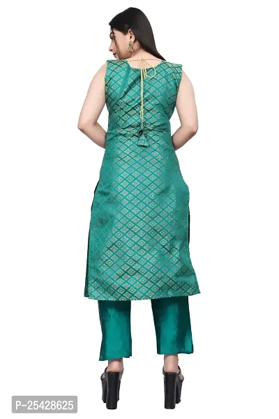 A-Line Teal Woven Design Jacquard Kurti-thumb3