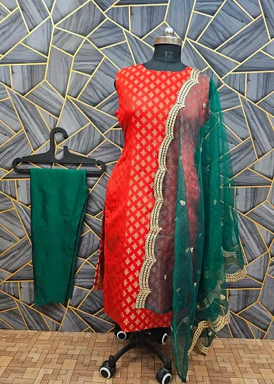 Stylish Jacquard Kurta And Pant With Dupatta Set For Women