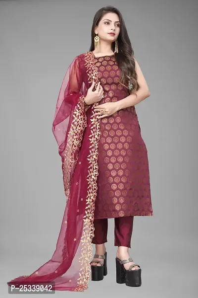 A-Line Maroon Woven Design Jacquard kurta Set