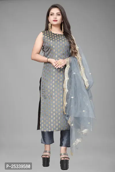 A-Line Grey Woven Design Jacquard kurta Set