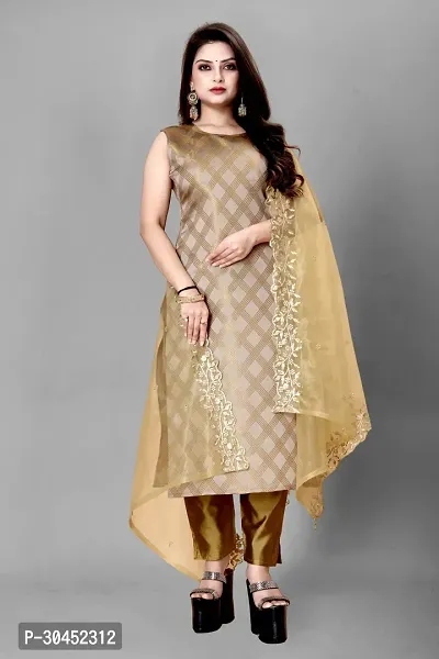 Elegant Beige Woven Design Jacquard A-Line Kurta Pant With Dupatta For Women-thumb0