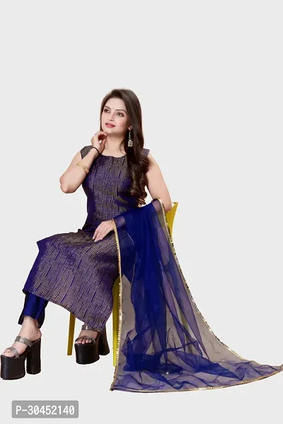 Elegant Navy Blue Woven Design Jacquard Kurta Pant With Dupatta For Women