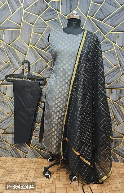 Elegant Grey Woven Design Jacquard Kurta Pant With Dupatta For Women