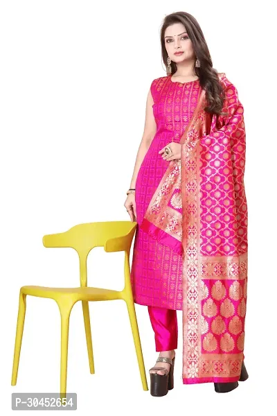 Elegant Pink Woven Design Jacquard A-Line Kurta Pant With Dupatta For Women