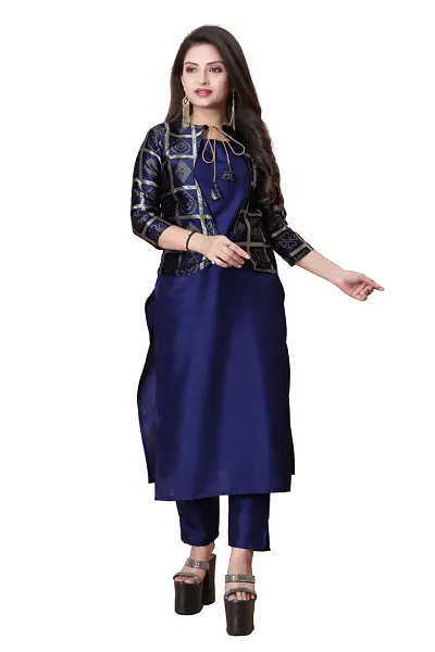 Stylish Soft Silk Kurta With Pant And Koti Set For Women