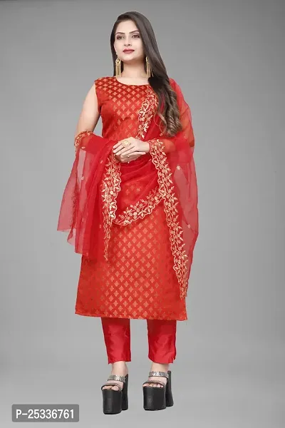 A-Line Red Woven Design Jacquard kurta Set-thumb0