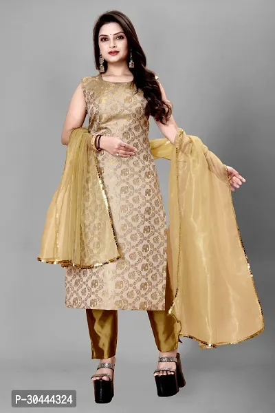 Stylish Beige Jacquard Kurta, Bottom And Dupatta Set For Women