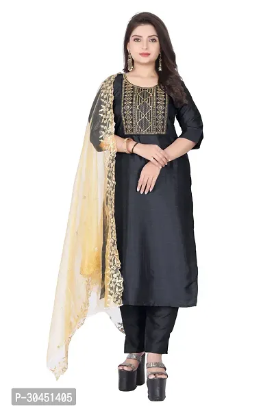 Stylish Black Silk Kurta, Bottom And Dupatta Set For Women