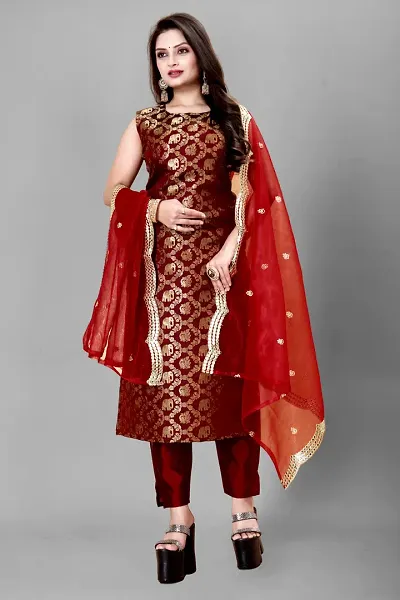 Stylish Jacquard Woven Kurta Bottom Dupatta Set