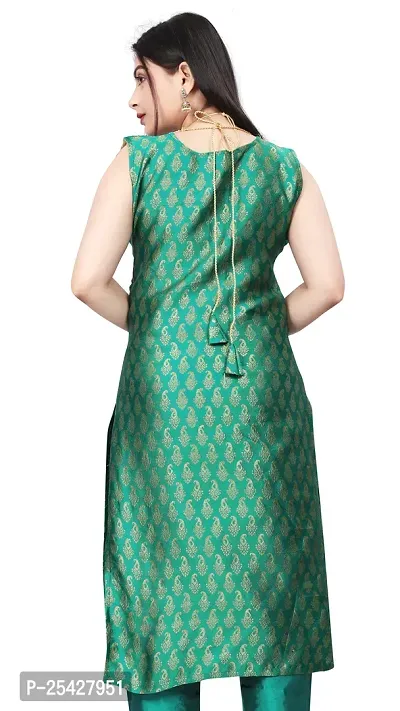 A-Line Teal Woven Design Jacquard Kurti-thumb3