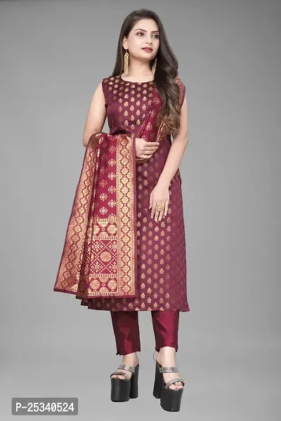 A-Line Maroon Woven Design Jacquard kurta Set